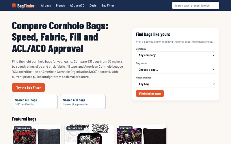 BagFinder.net ACL and ACO cornhole bag comparison tool