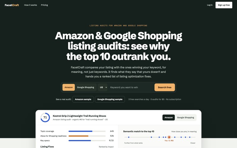 FacetCraft.com Amazon and Google Shopping listing audit tool